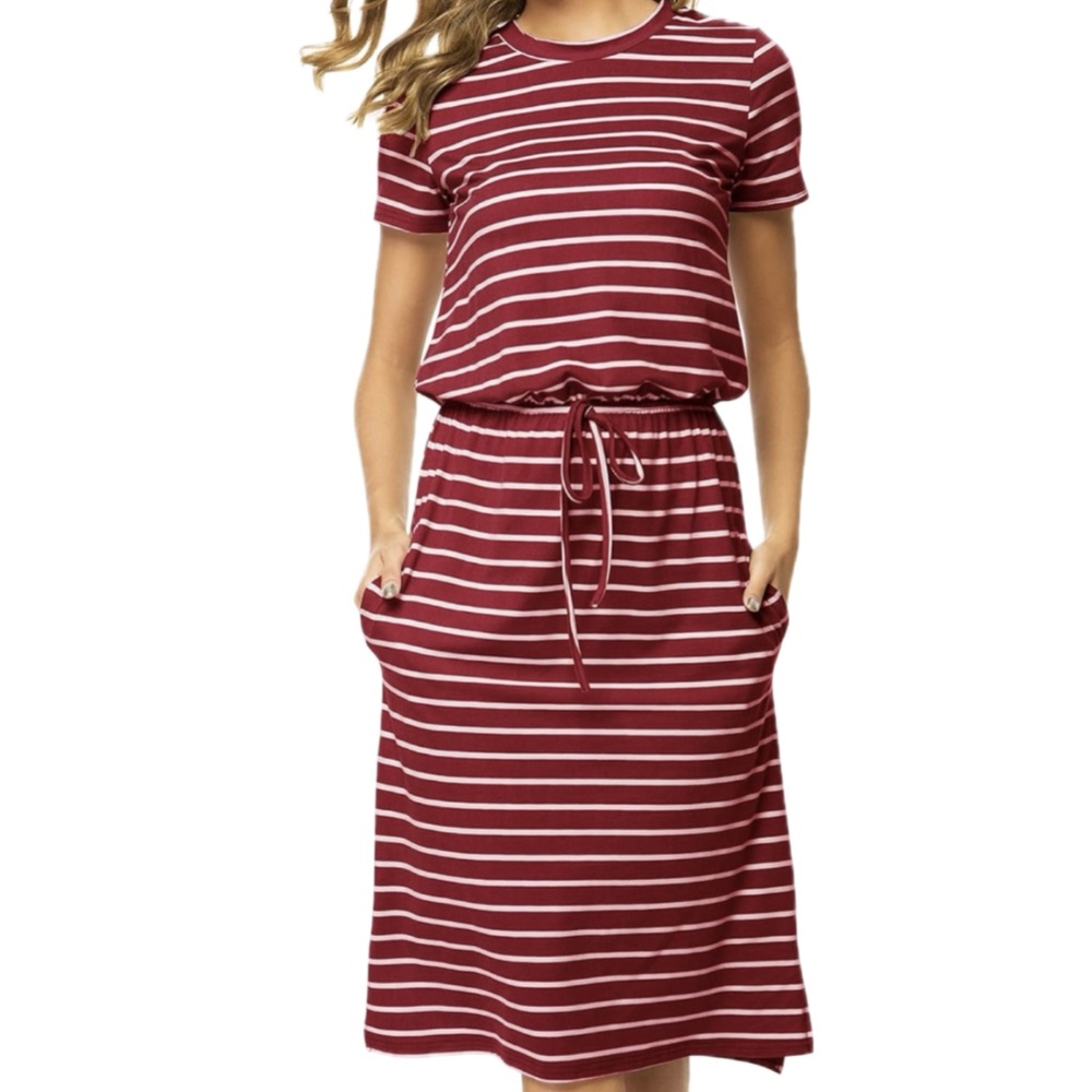 Maroon White Striped Short Sleeve Casual Strechy Summer Dress- Size Medium